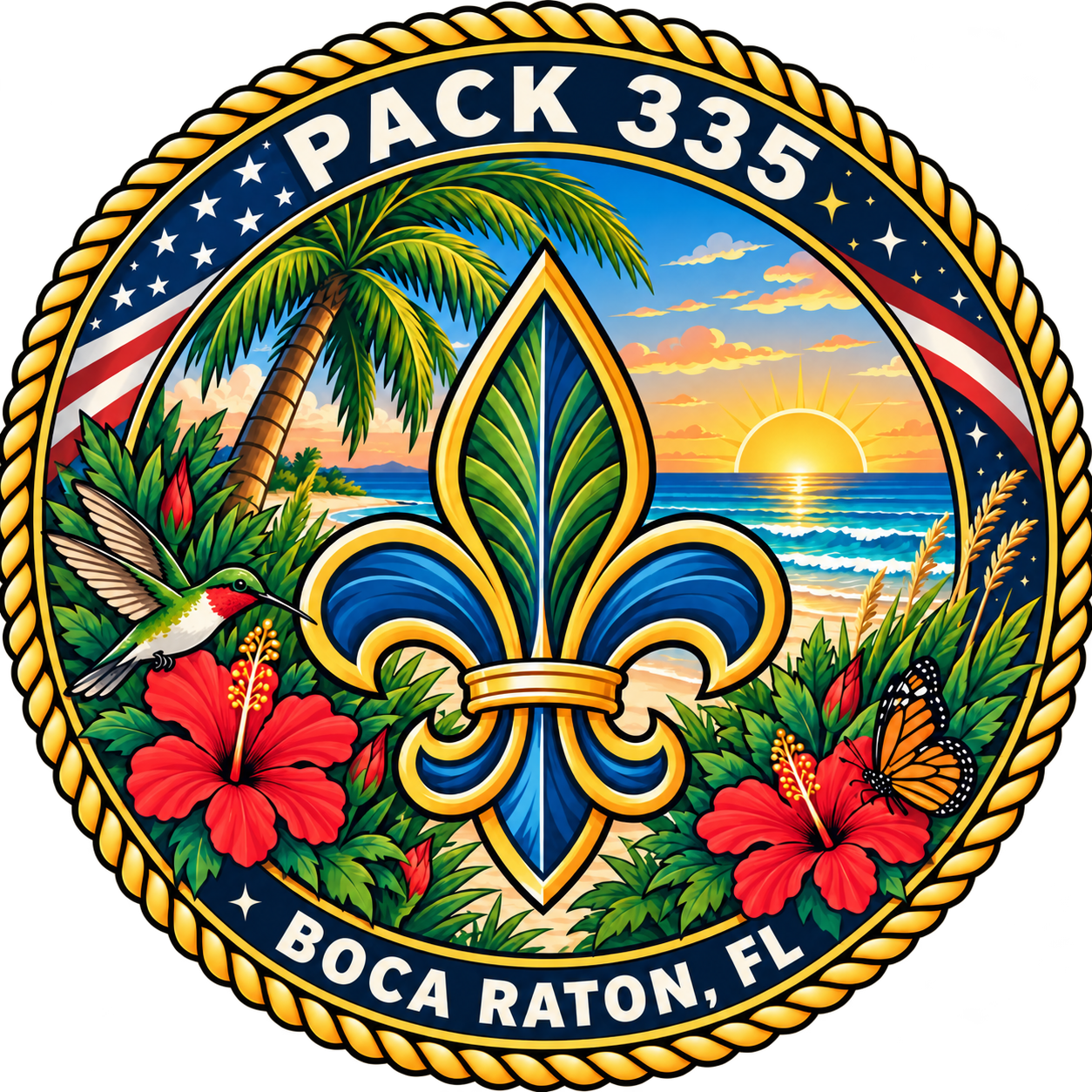 Pack 335 Boca Raton crest with a coastal sunrise, fleur-de-lis, rope, native hibiscus, hummingbird, butterfly, flag and stars